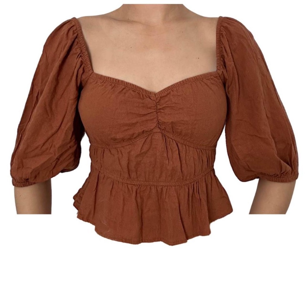 Rust Orange Puff-Sleeve Peasant Top